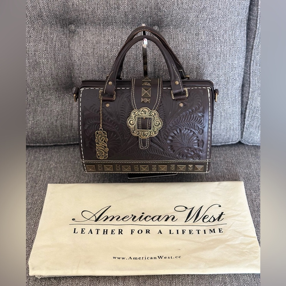 EUC LARGE American West Hand Tooled Leather Brown Handbag